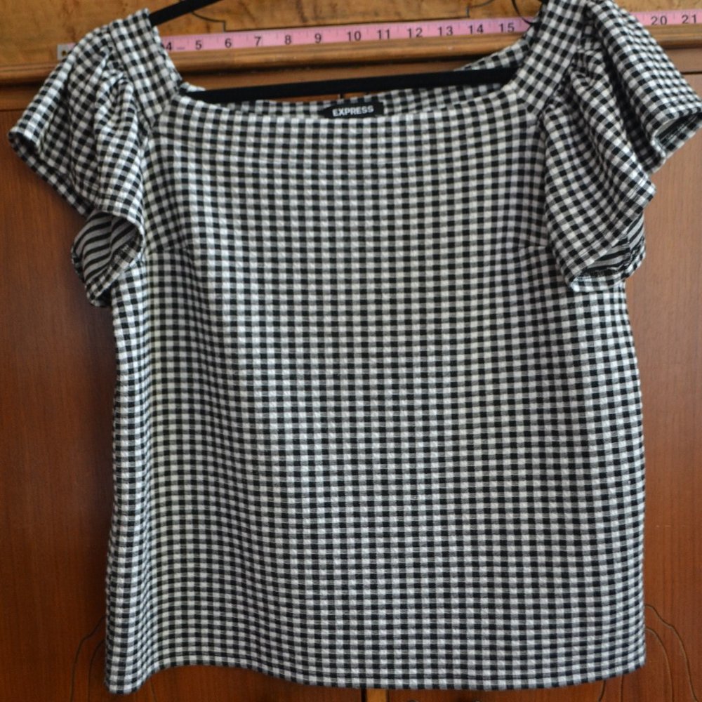 Express Gingham Off Shoulder Ruffle Sleeve Blouse
